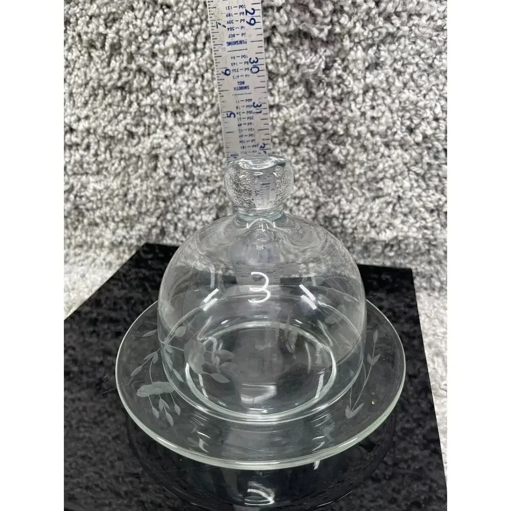 Princess House Etched Floral Clear Glass Butter Dish With Dome Cover Knob Handle